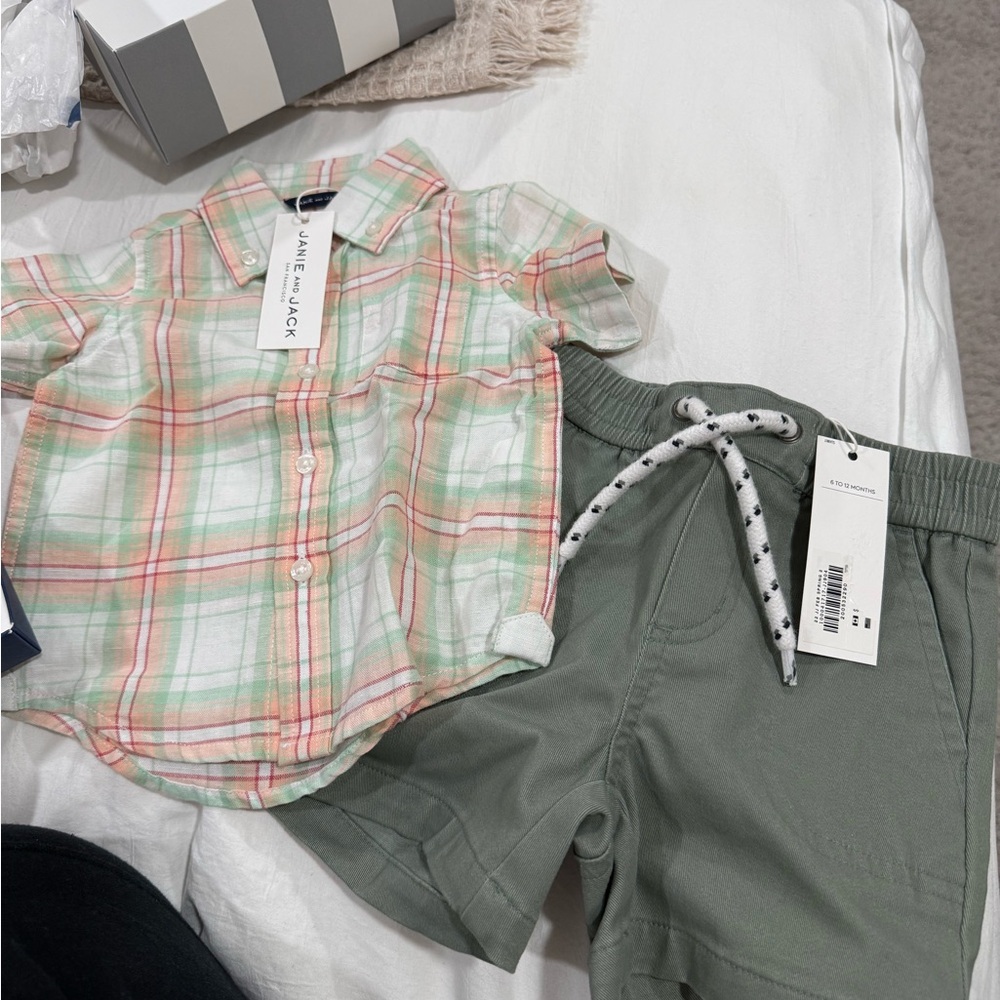 Janie and Jack Plaid Shirt and Olive Shorts Set 6-12M